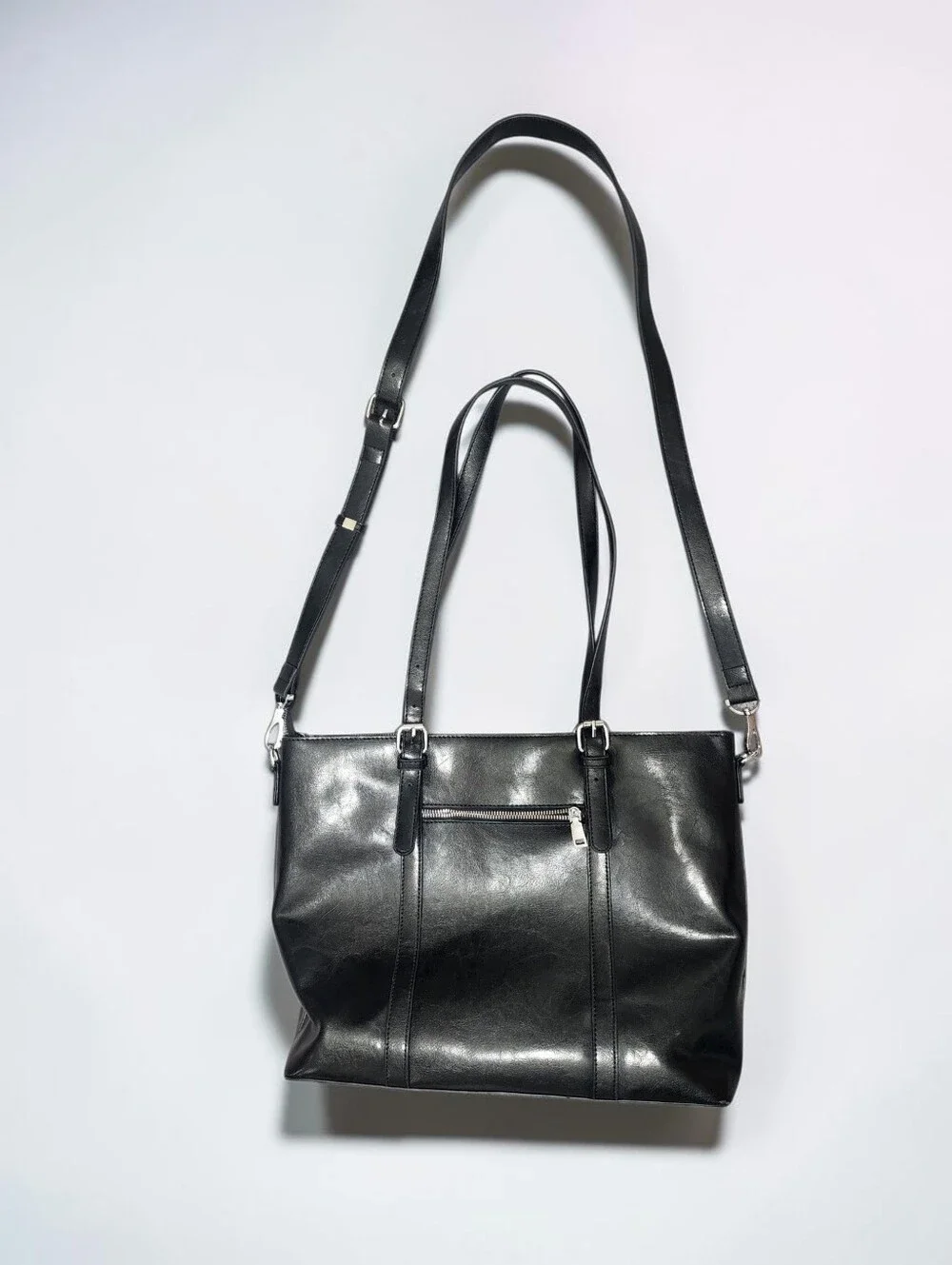 BROMEN Black Vegan Leather Laptop Work Tote Bag